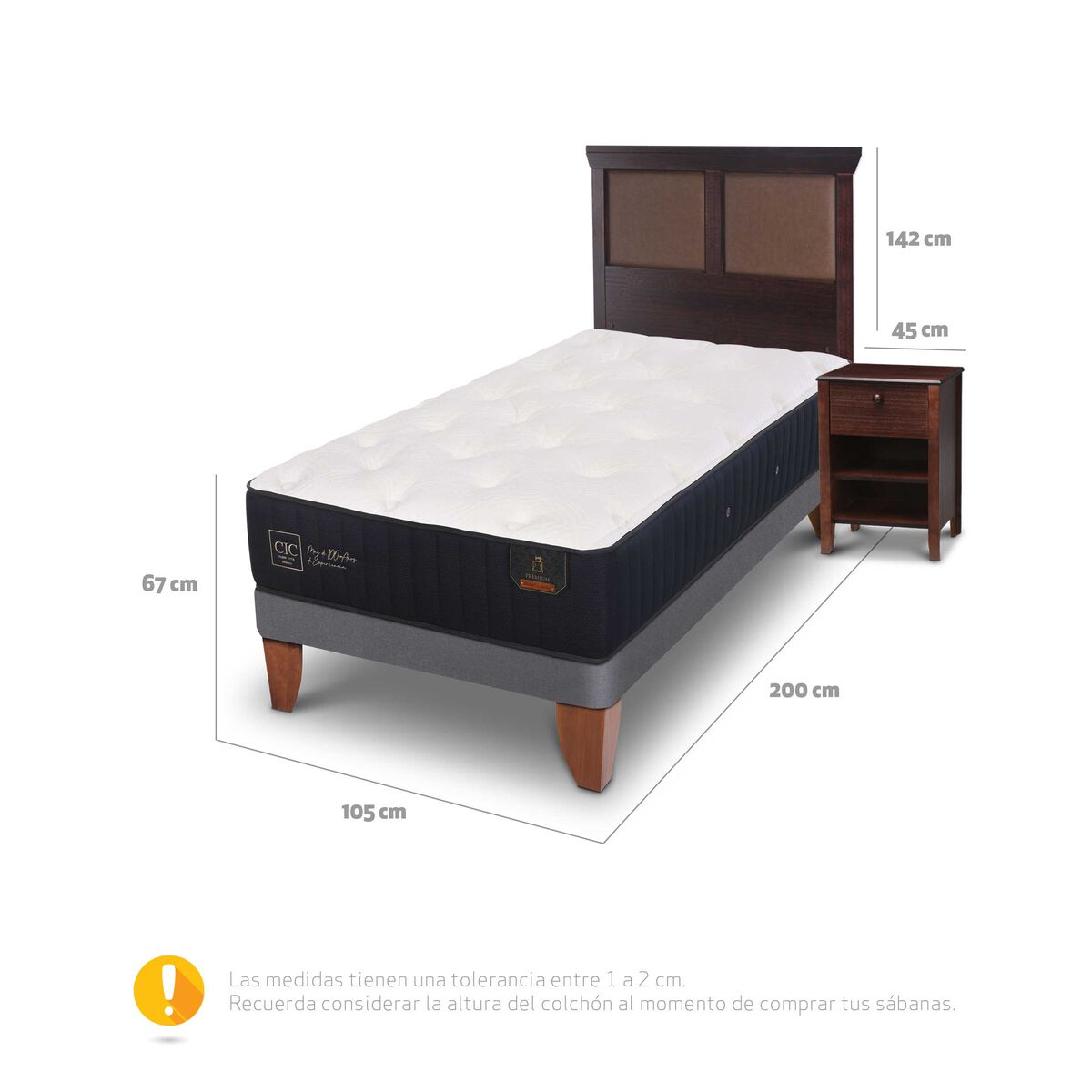 Cama Europea CIC 1,5 Plazas Premium + Respaldo + Velador
