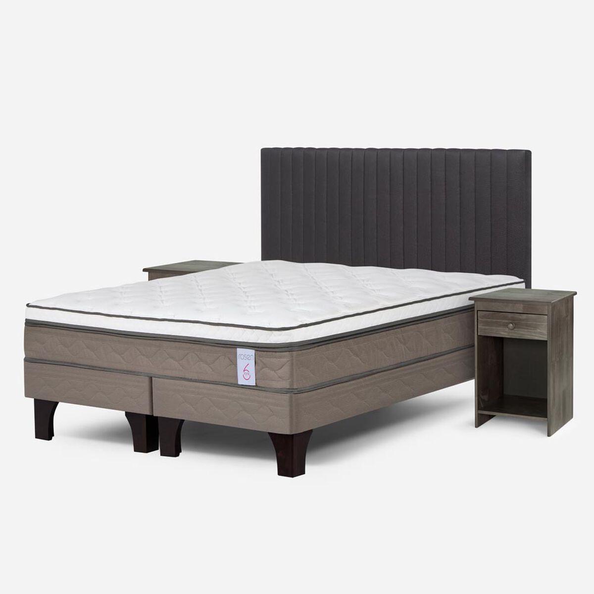 Cama Europea Rosen 2 Plazas New Style 6 + Respaldo + 2 Veladores Grafito