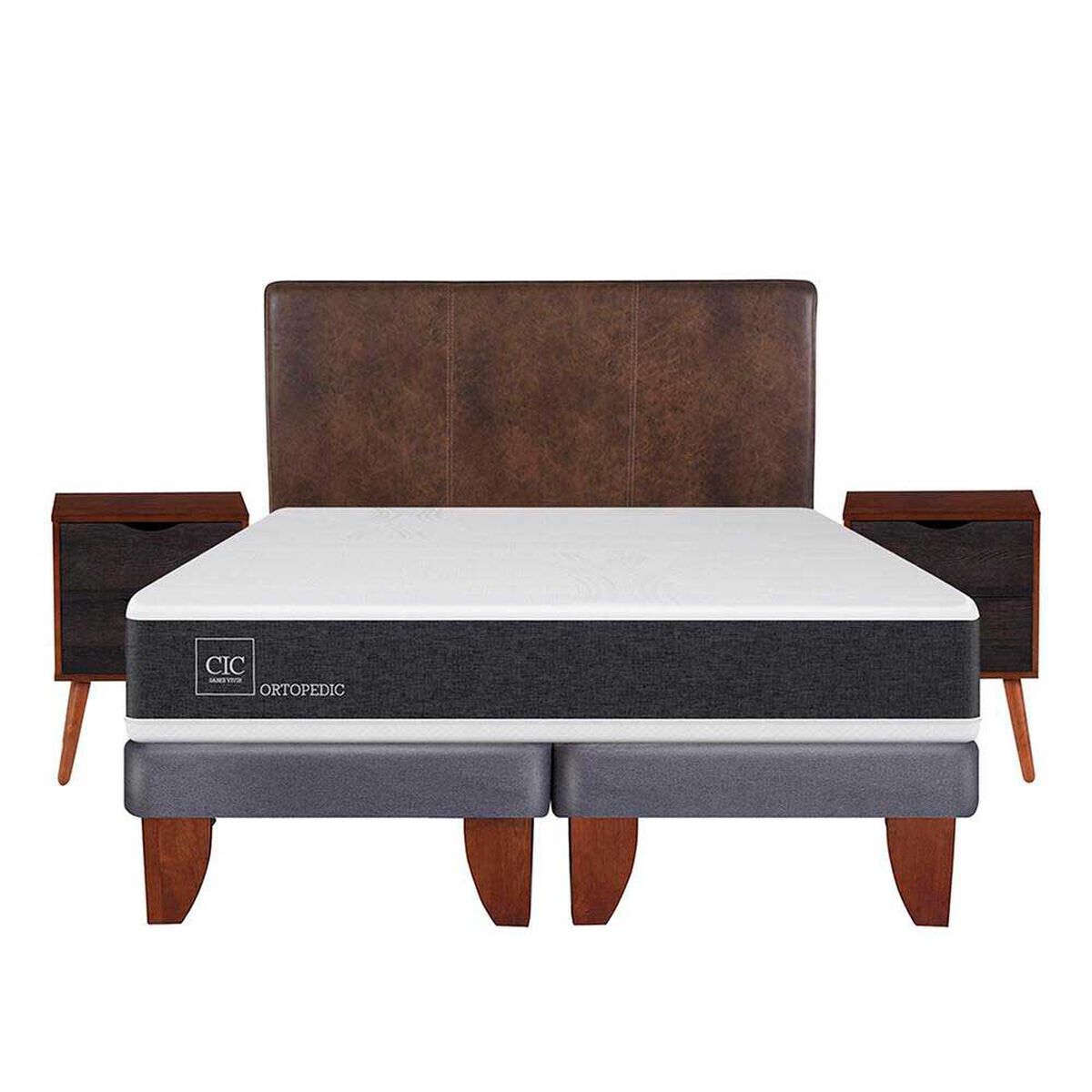 Cama Europea CIC Base Dividida 2 Plazas Ortopedic + Respaldo + 2 Veladores Baker