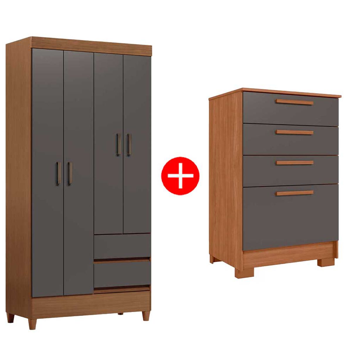 Combo Clóset Casanova Fit 4 Puertas 2 Cajones Café y Gris + Cómoda Casanova Aruba 4 Cajones Café y Gris