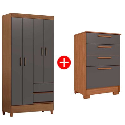 Combo Clóset Casanova Fit 4 Puertas 2 Cajones Café y Gris + Cómoda Casanova Aruba 4 Cajones Café y Gris