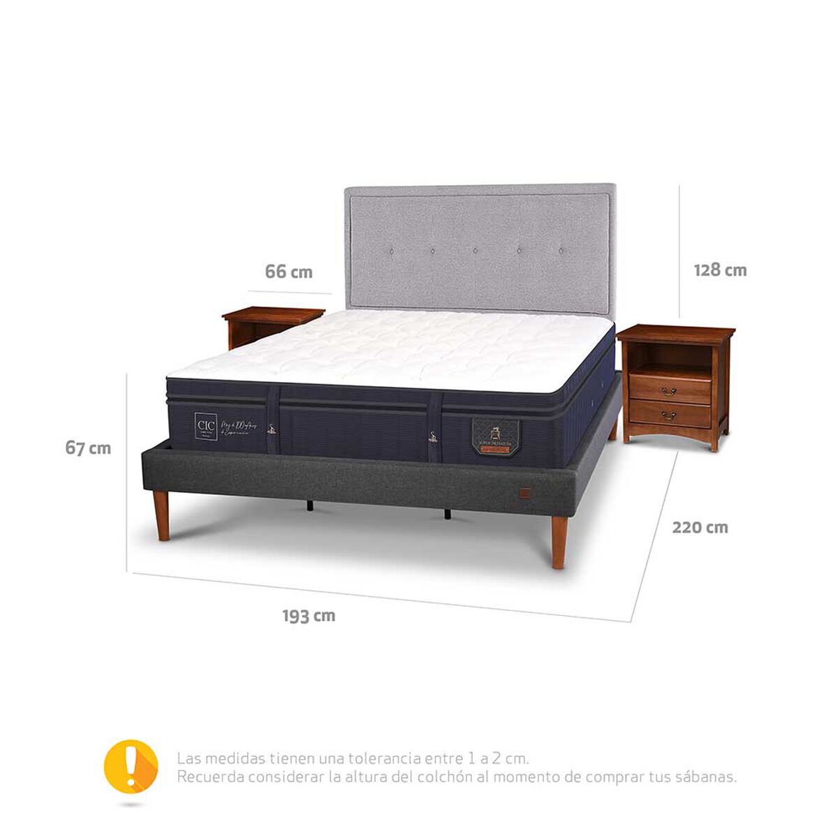 Cama Europea CIC King S&uacute;per Premium + Respaldo + Veladores