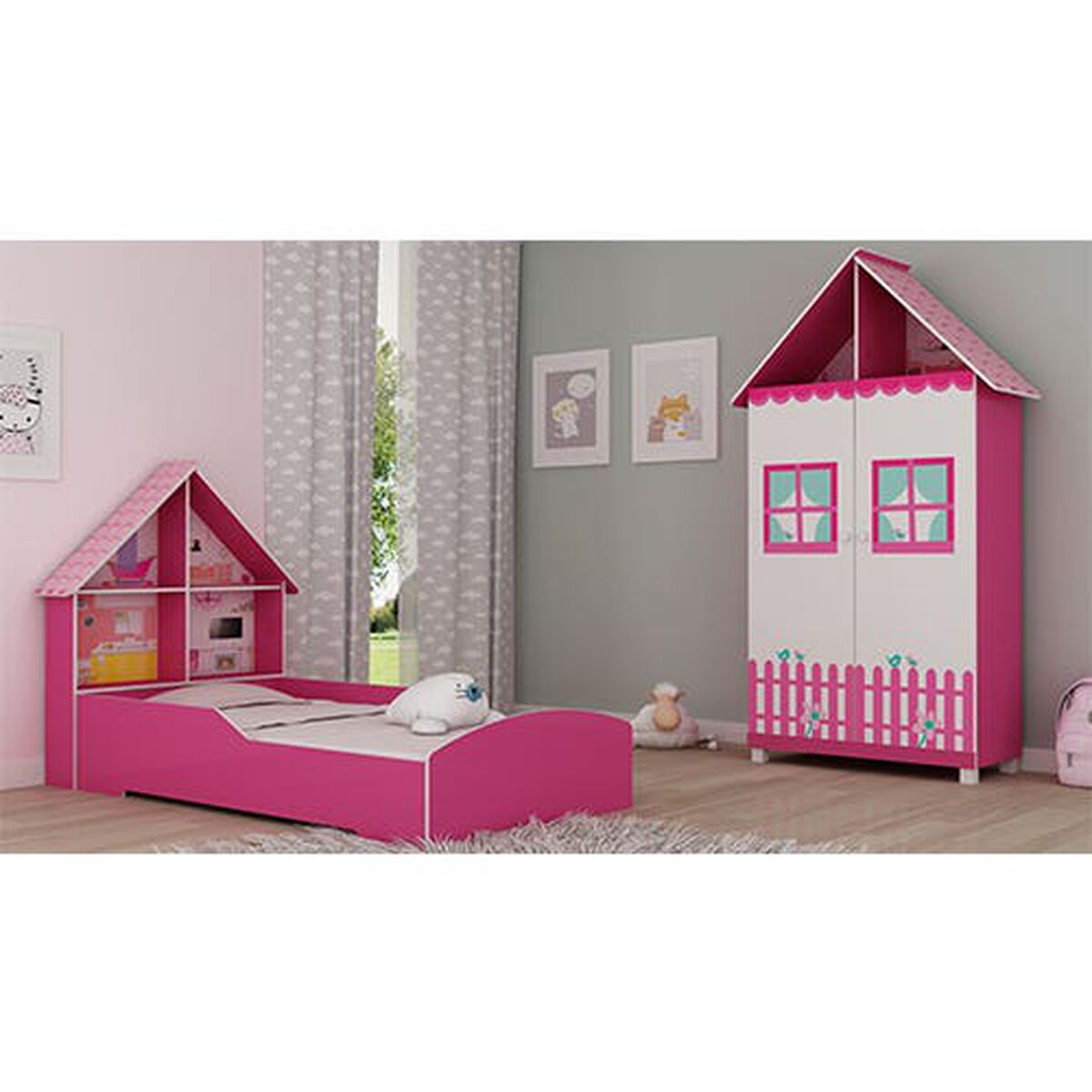 Base Cama Funcional Decocasa 1 Plaza Casinha + Clóset Infantil Rosada