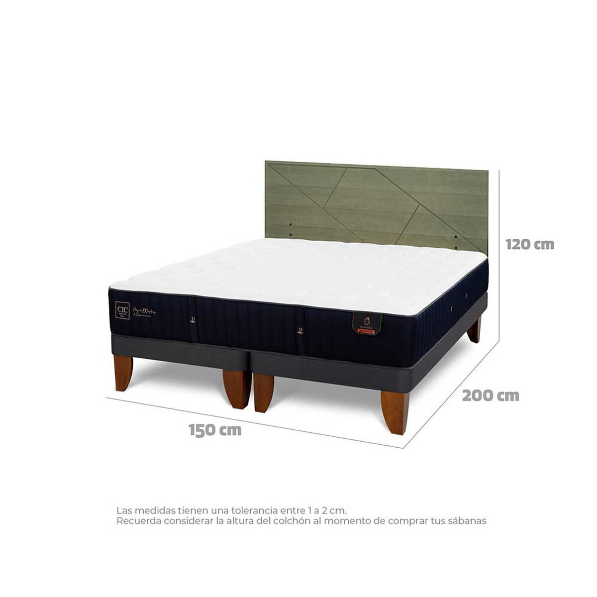 Cama Europea CIC Base Dividida 2 Plazas Premium + Respaldo Villarrica Olivo