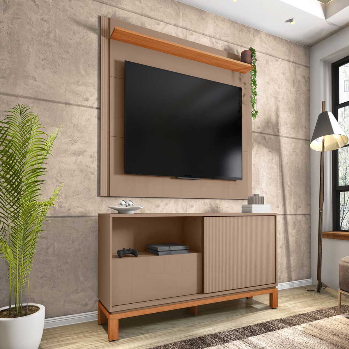 Set Panel + Rack 1.5 + Vitrina Decocasa Mondrian Gris-Casta&ntilde;o