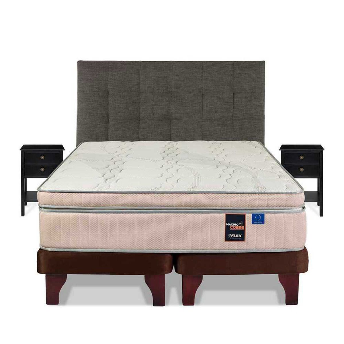 Cama Europea Flex Base Dividida King M&aacute;ximo Cobre + Respaldo Design Grafito + 2 Veladores Rover