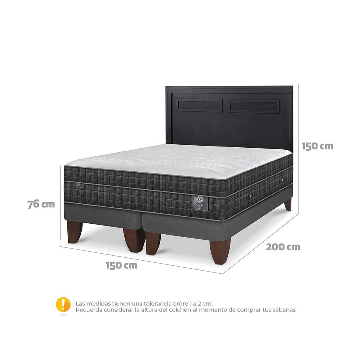 Cama Europea CIC Base Dividida 2 Plazas Lux + Respaldo Milan Negro