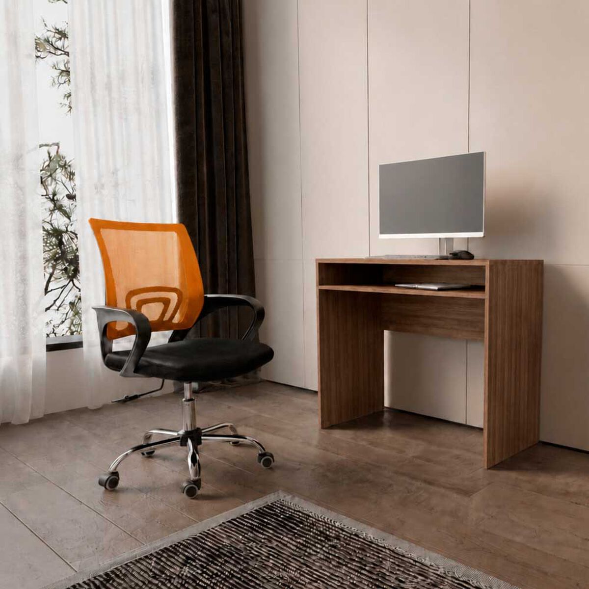 Combo Oficina Escritorio Avellana + Silla New York Negra y Naranjo Arthome