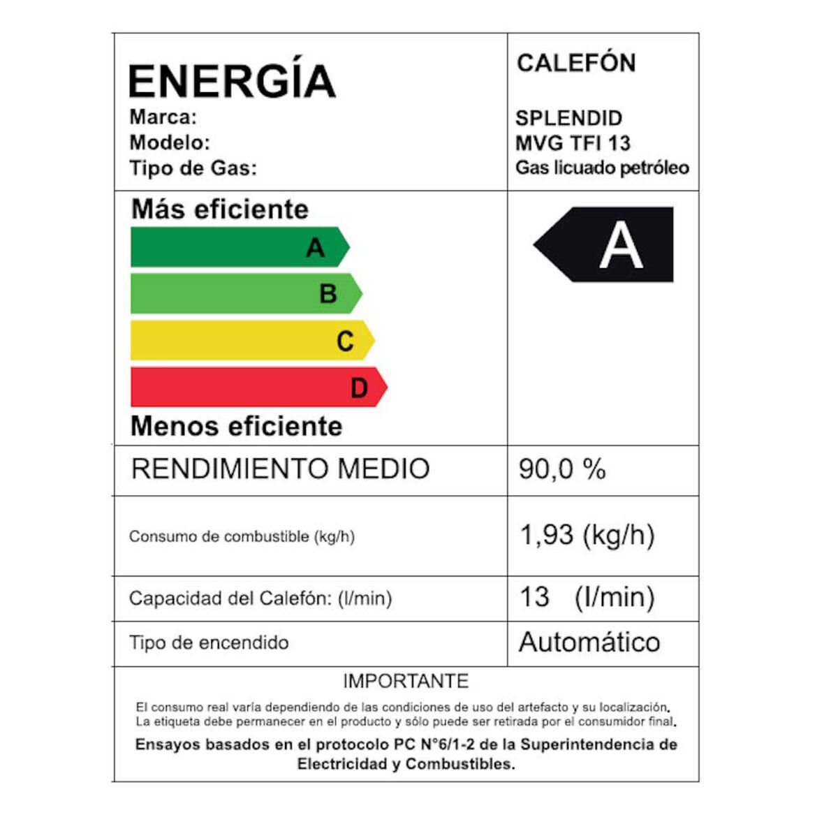 Calefont 13 litros Gas licuado Tiro forzado Splendid