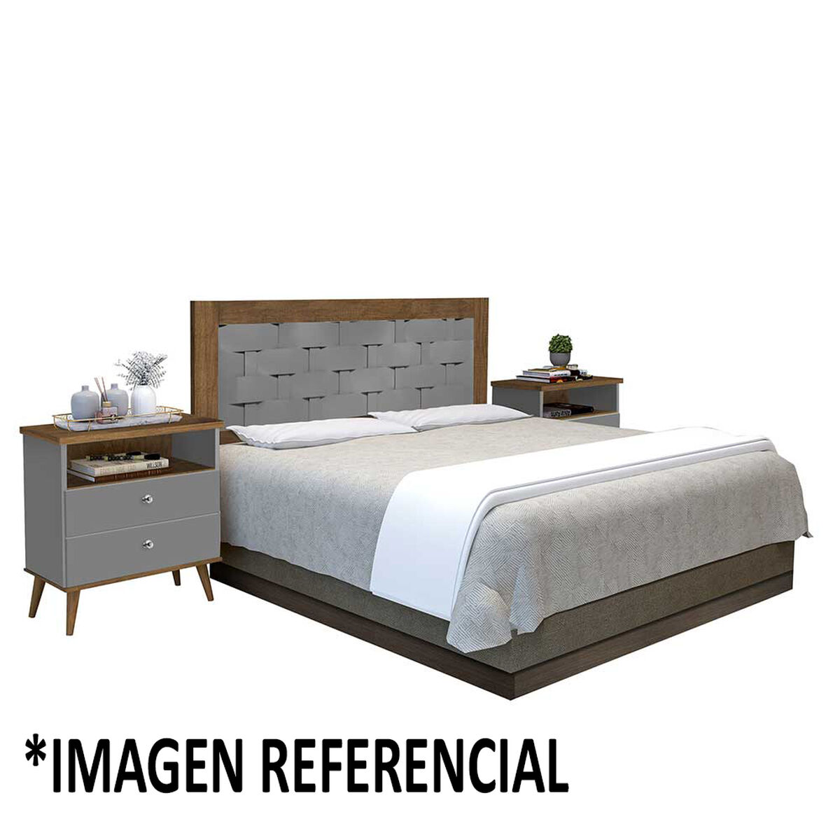 Cama Europea Belsogno Base Dividida 2 Plazas Premium + Respaldo + 2 Veladores Dreams 2 Plazas Treliza Gris