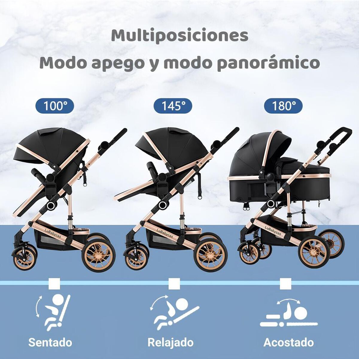 Coche Cuna con Silla Nido y Accesorios Negro LuBabycas