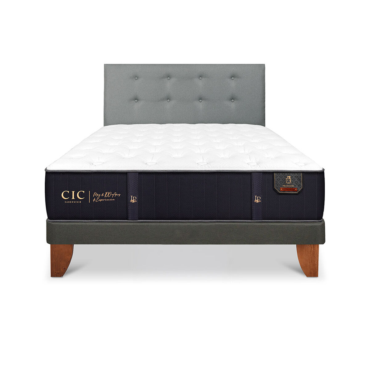 Cama Europea CIC Full Premium + Respaldo Gris Tapizado