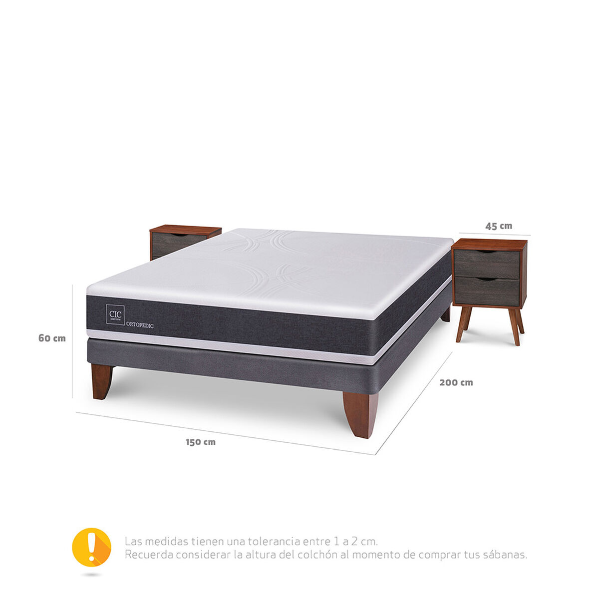 Cama Europea CIC 2 Plazas New Ortopedic + 2 Veladores Niger
