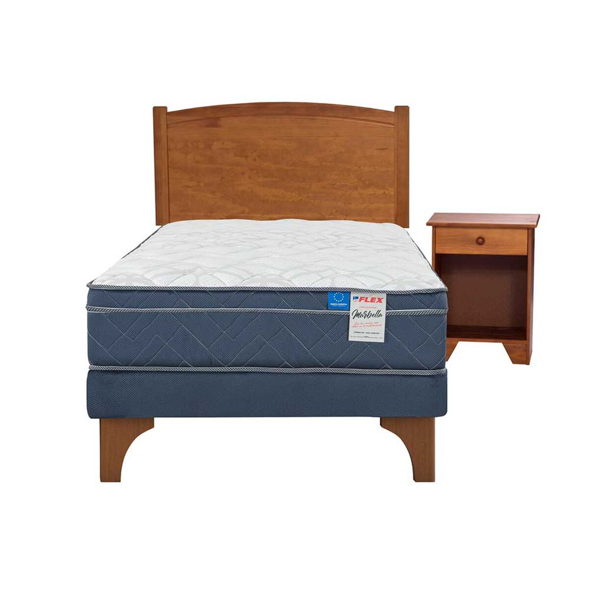 Cama Europea Flex 1,5 Plazas Marbella + Respaldo + Velador Arezzo