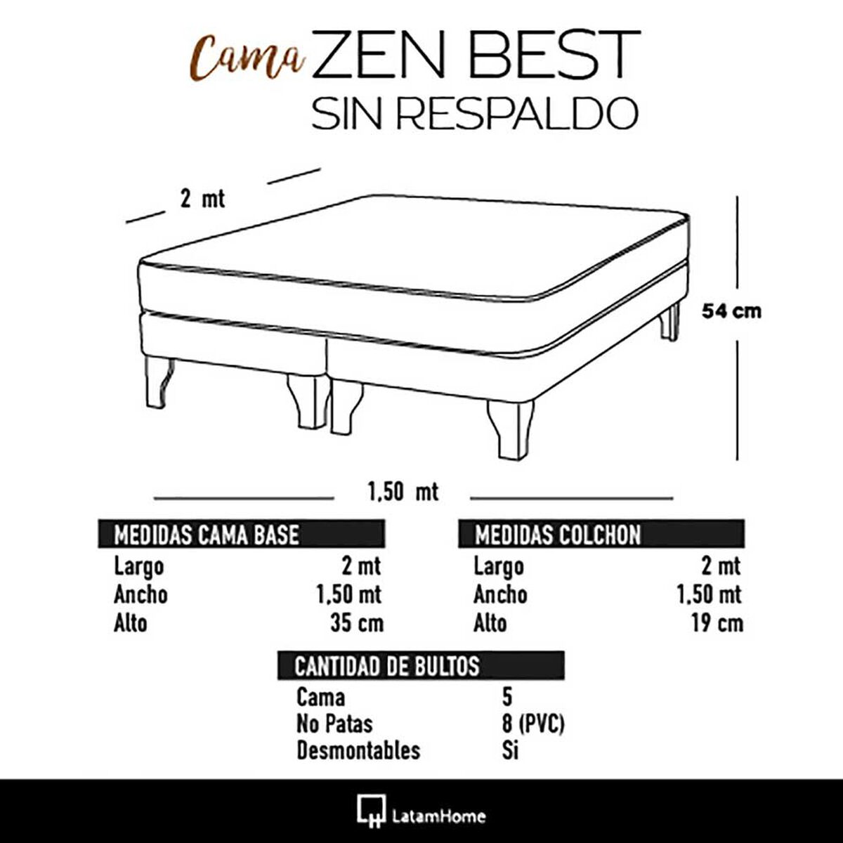 Cama Europea Latam Home Base Dividida 2 Plazas Zen Best Gris