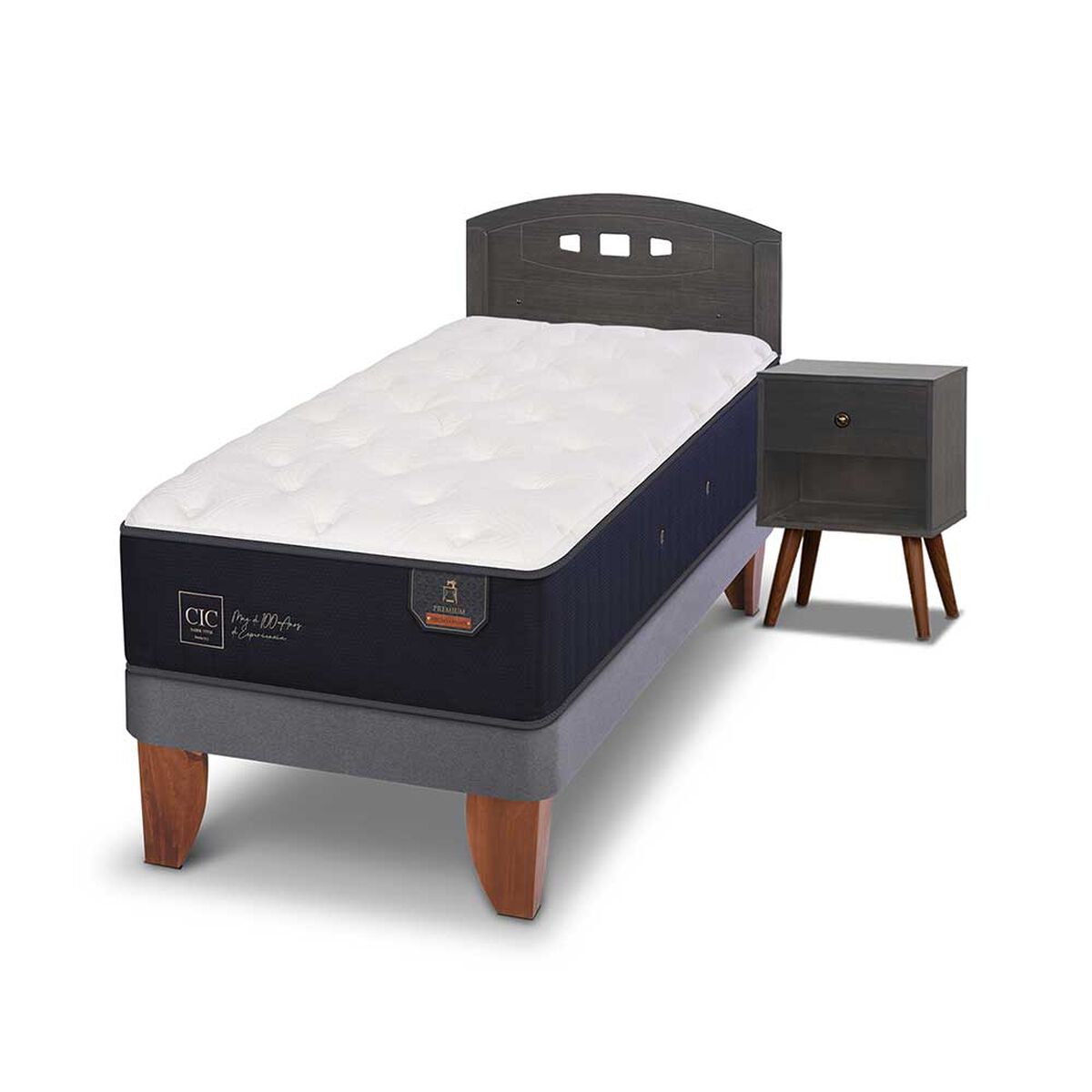 Cama Europea CIC 1,5 Plazas Premium + Respaldo + Velador Gales