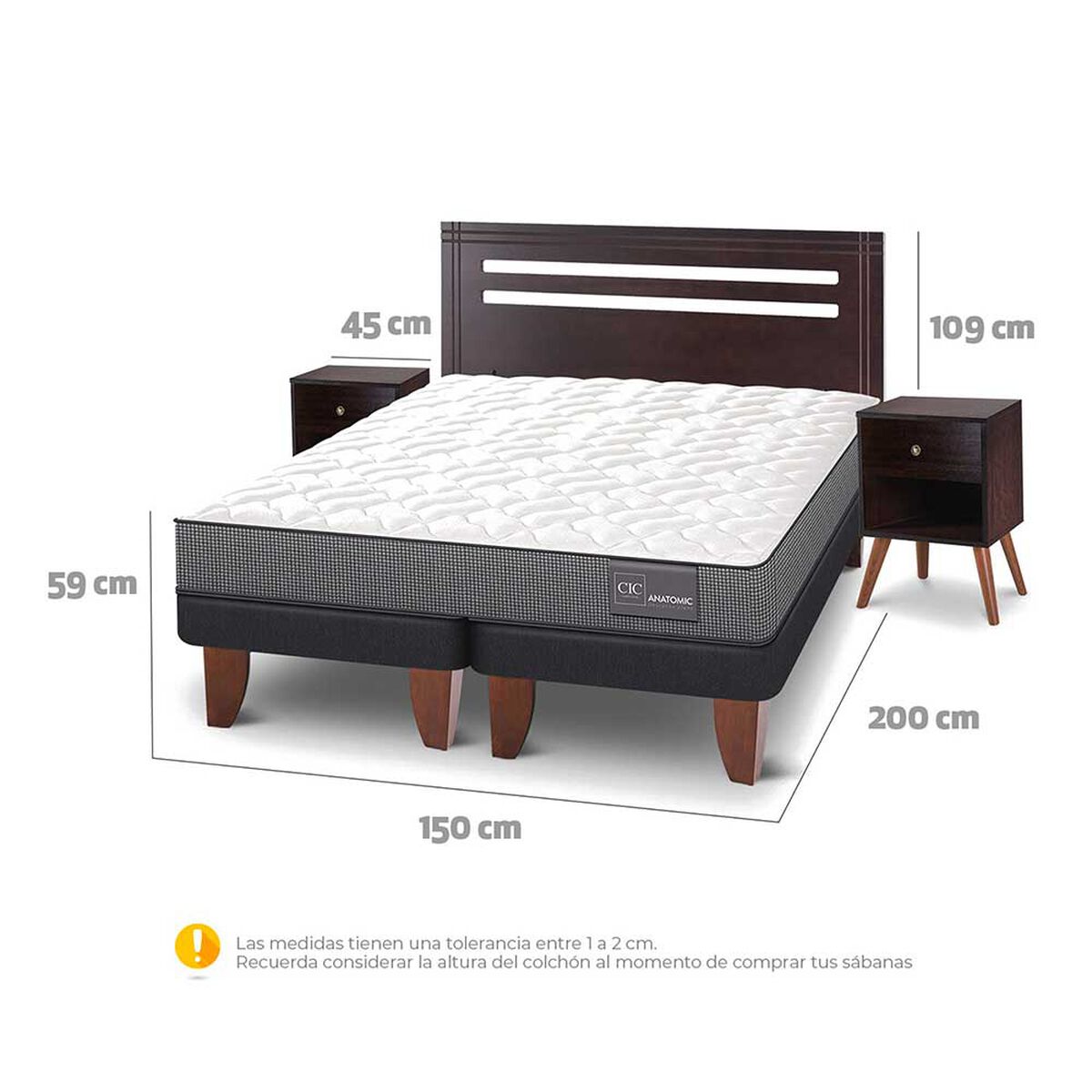Cama Europea CIC Base Dividida 2 Plazas Anatomic + Respaldo + 2 Veladores Munich