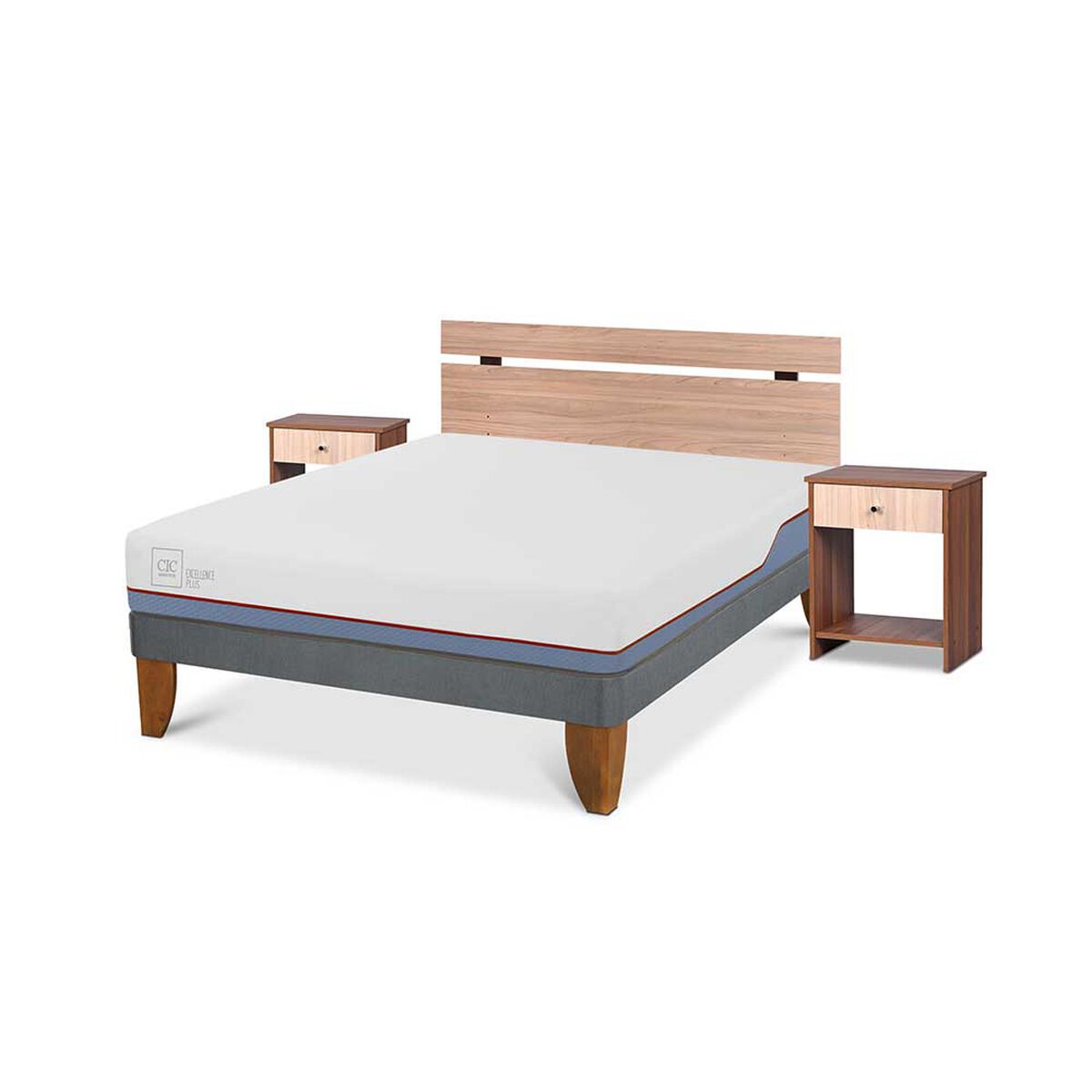 Cama Europea CIC 2 Plazas Excellence Plus + Respaldo + 2 Veladores