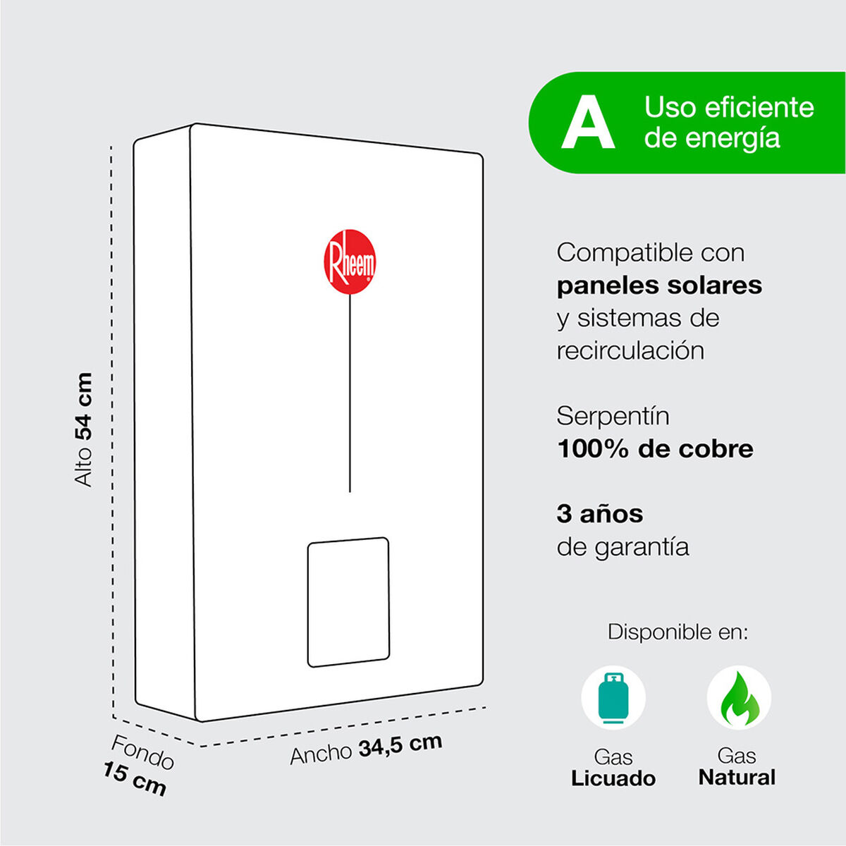 Calefont Gas Natural Rheem Tiro Forzado Digital 12 lts.