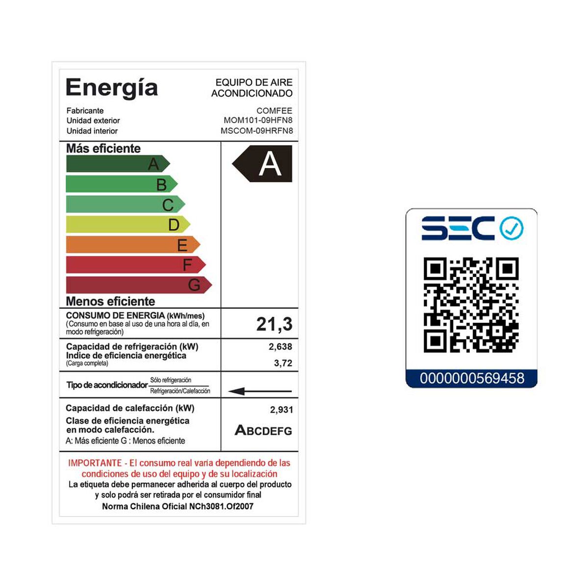 Aire Acondicionado Midea Split Inverter Comfee 9000 BtuH