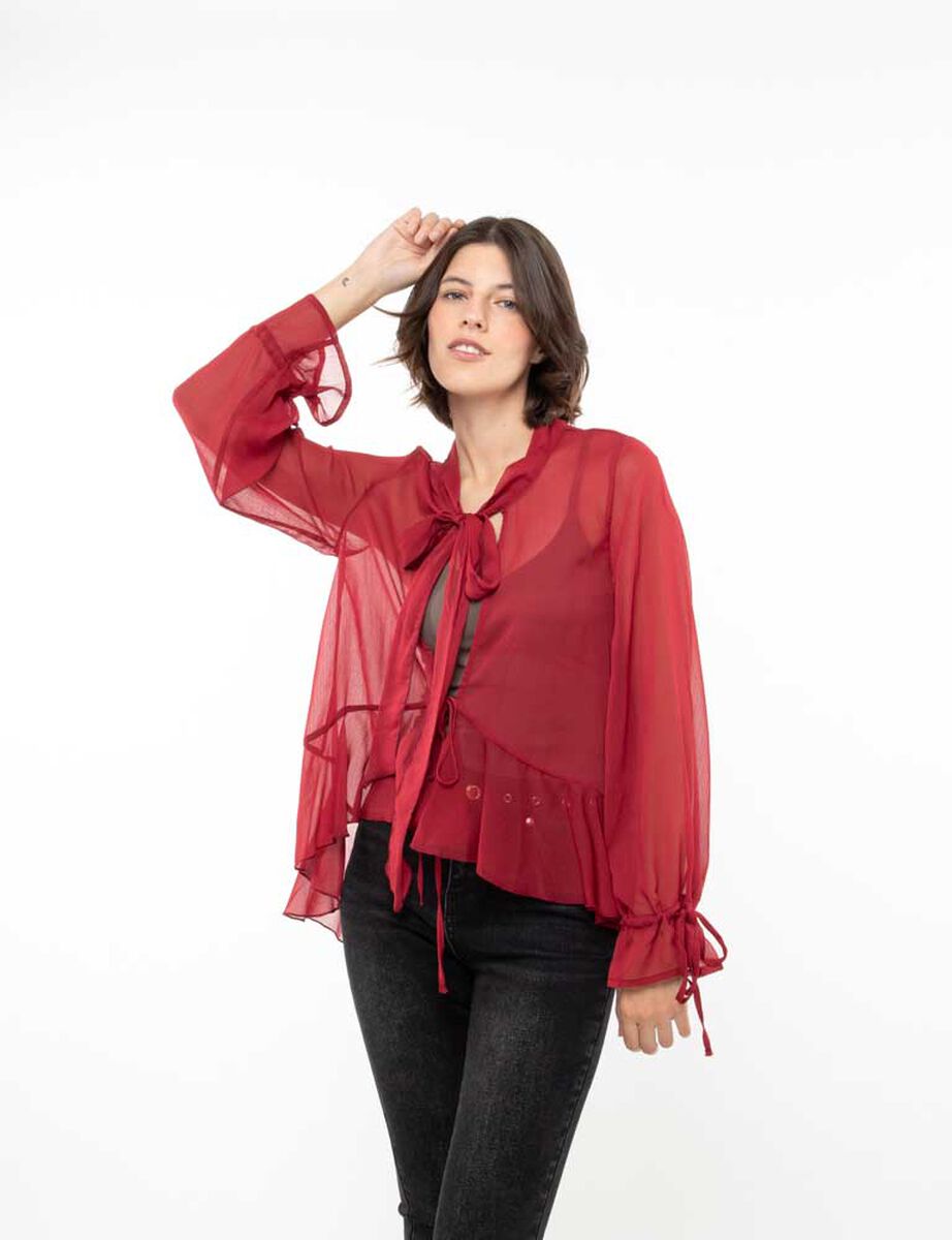 Blusa Transparente Nudos Manga Larga Mujer Zibel