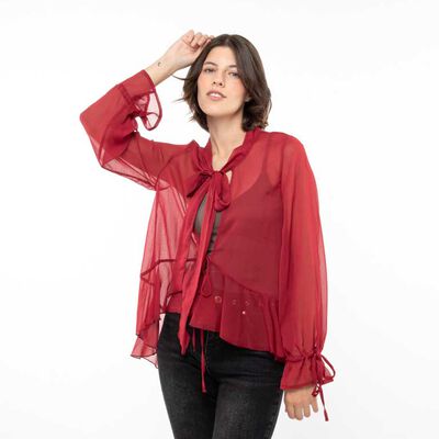 Blusa Transparente Nudos Manga Larga Mujer Zibel