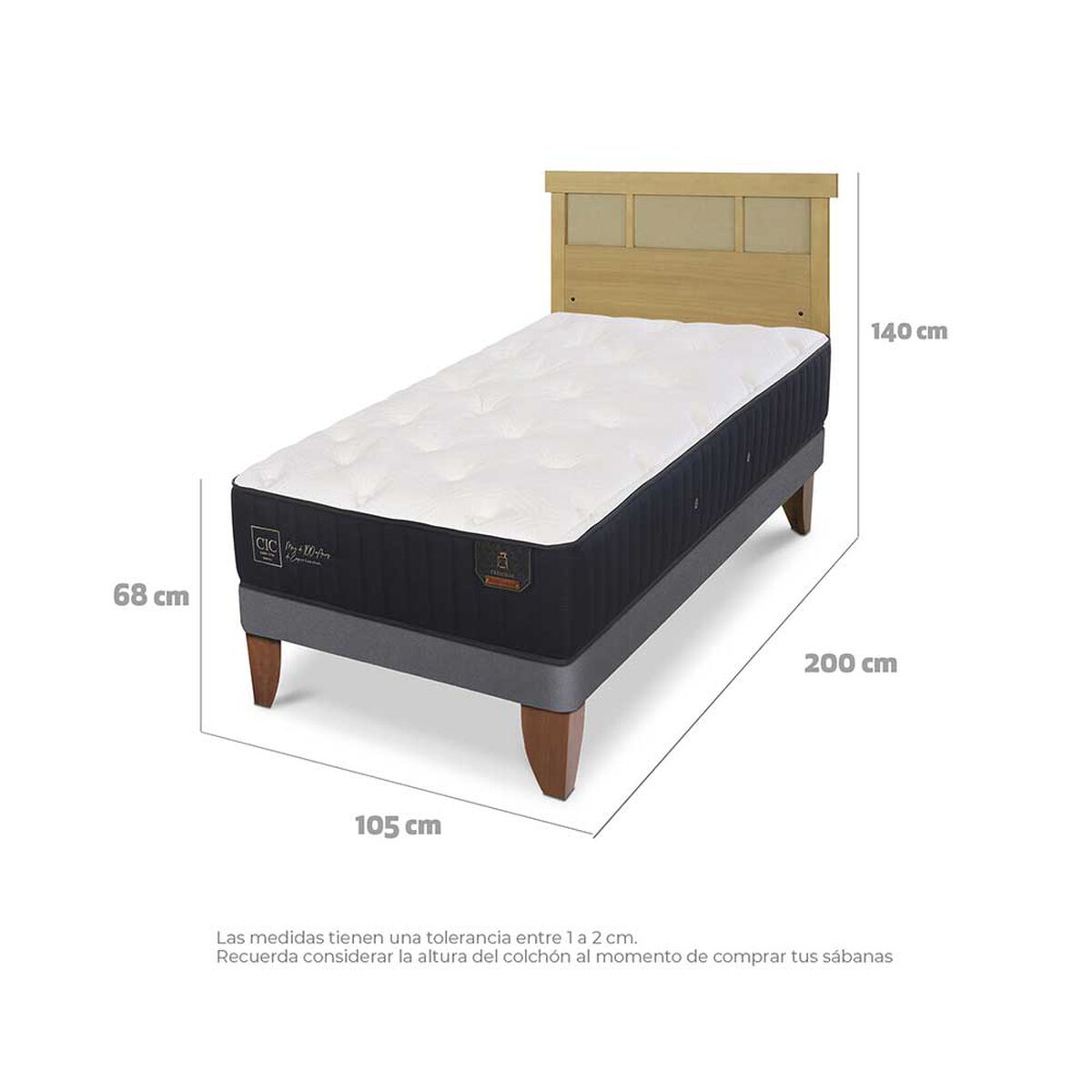 Cama Europea CIC 1,5 Plazas Premium + Respaldo Dublin Mostaza