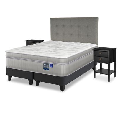 Cama Europea Flex 2 Plazas Paradise + Respaldo Design Gris + 2 Veladores Rover