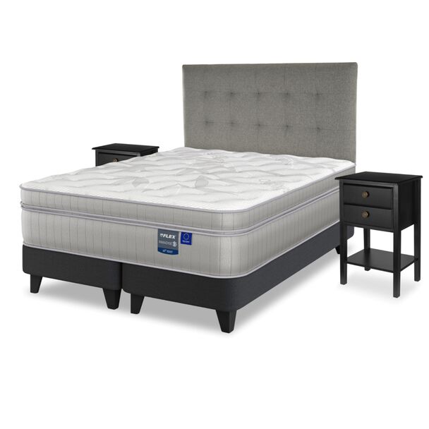 Cama Europea Flex 2 Plazas Paradise + Respaldo Design Gris + 2 Veladores Rover