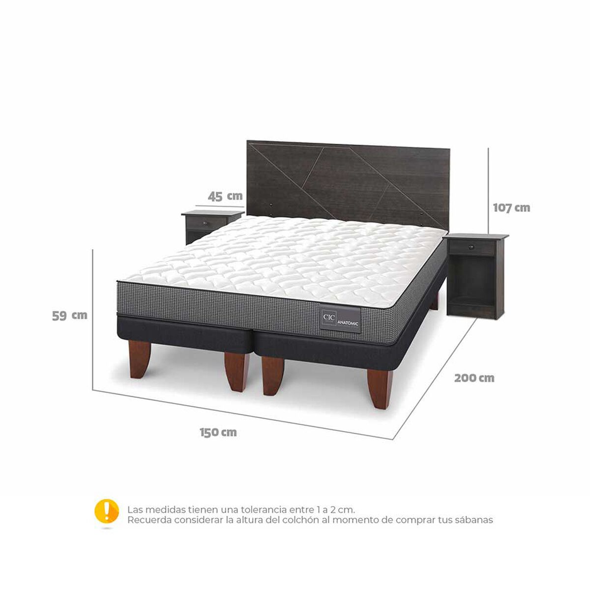 Cama Europea CIC Base Dividida 2 Plazas Anatomic + Respaldo + 2 Veladores Villarrica