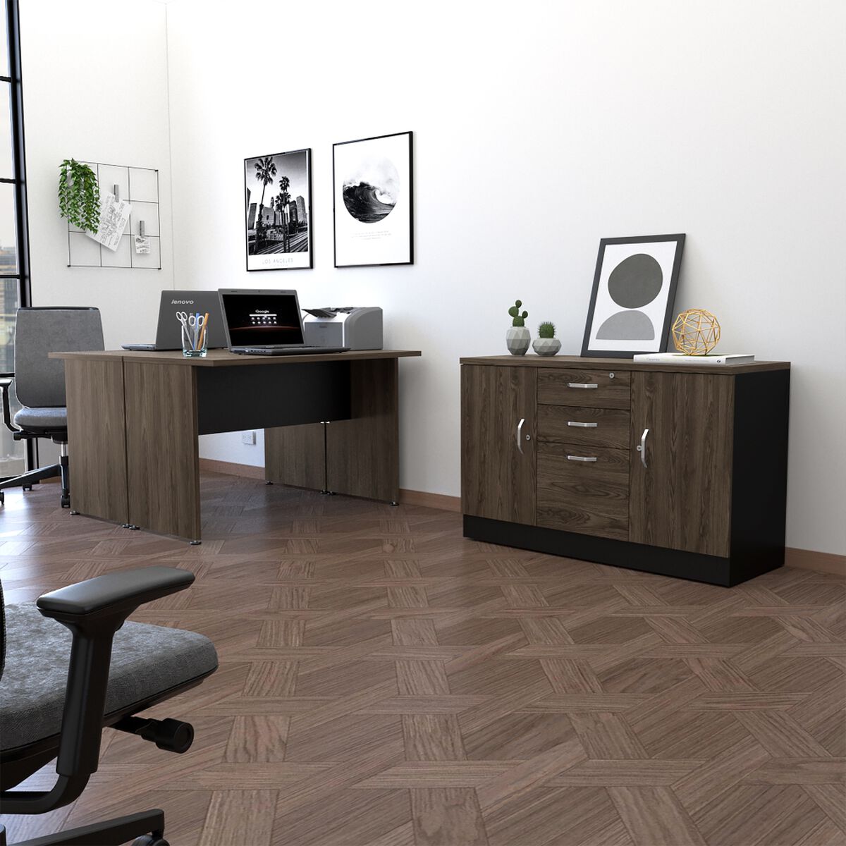 Escritorio Doble + Gabinete 2 Puertas Negro TuHome Home Office