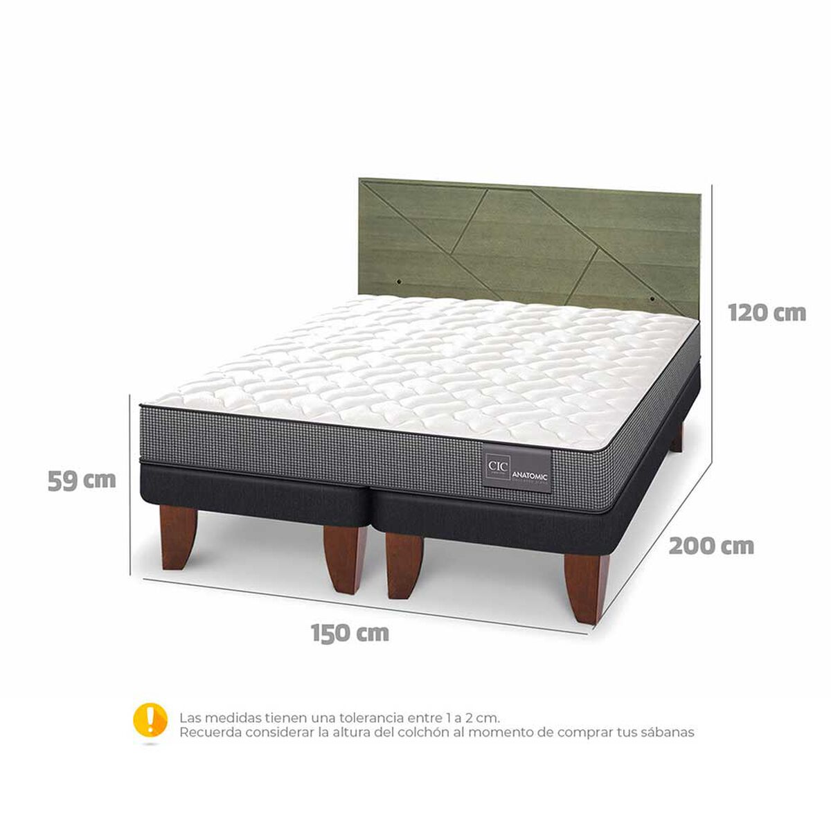 Cama Europea CIC Base Dividida 2 Plazas Anatomic + Respaldo Villarrica Olivo