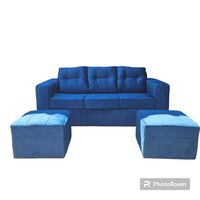 Juego de Living Kea Nize Sofá 3 Cuerpos + Dos Pouf Felpa Azul Petróleo
