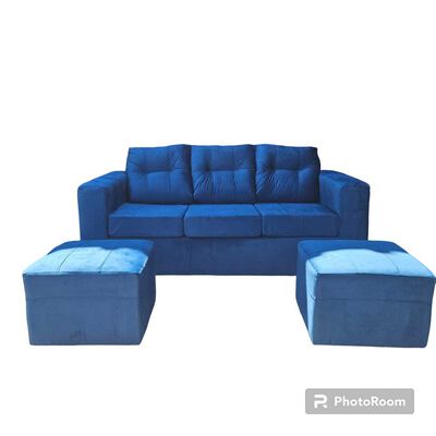 Juego de Living Kea Nize Sofá 3 Cuerpos + Dos Pouf Felpa Azul Petróleo