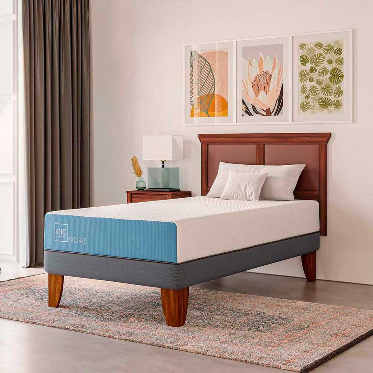 Cama Europea CIC 1,5 Plazas Excellence + Respaldo Munich Olivo