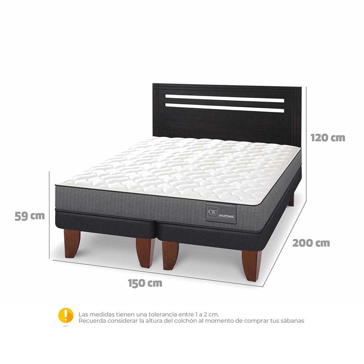 Cama Europea CIC Base Dividida 2 Plazas Anatomic + Respaldo Munich Negro