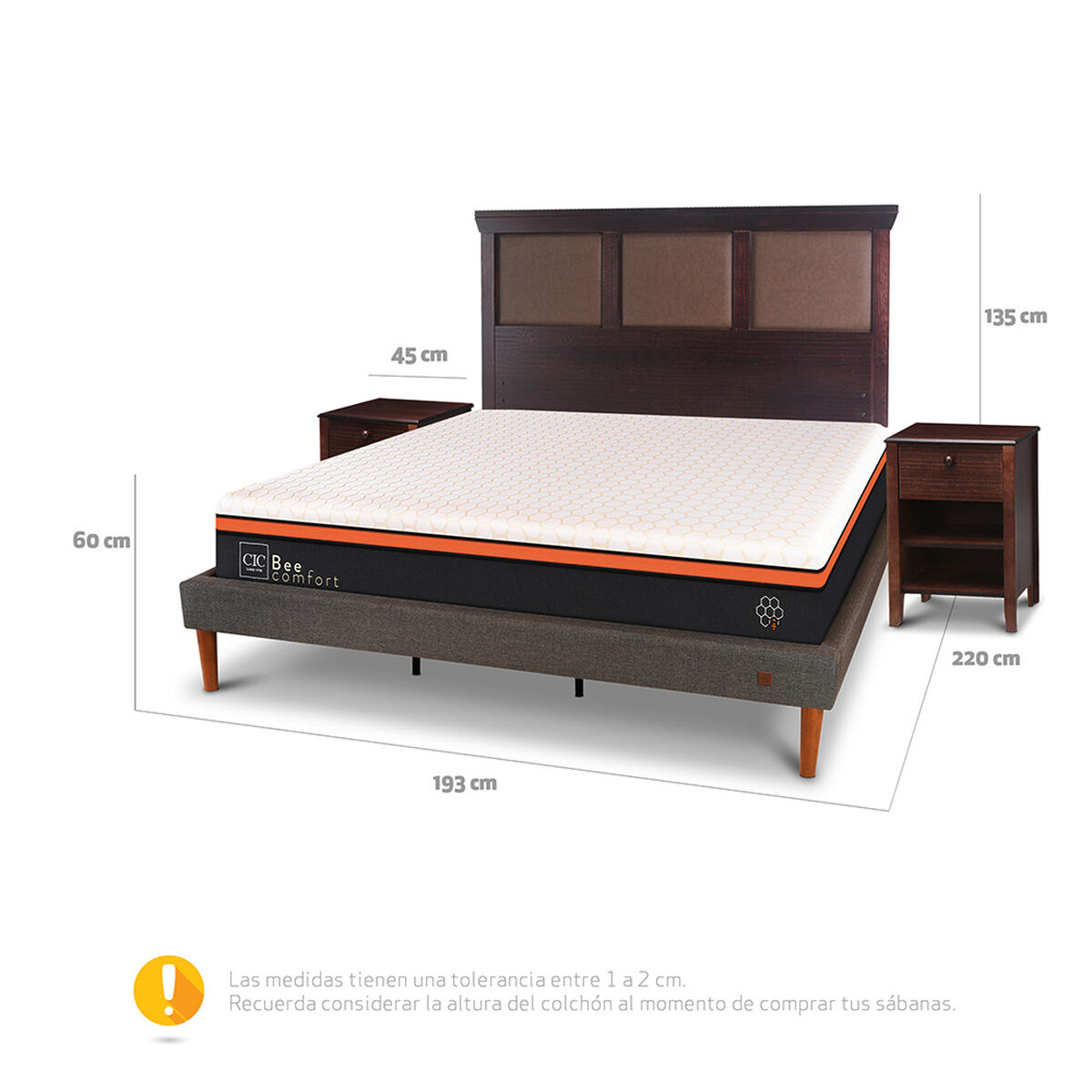 Cama Europea Curve CIC King Bee Comfort + Respaldo + 2 Veladores