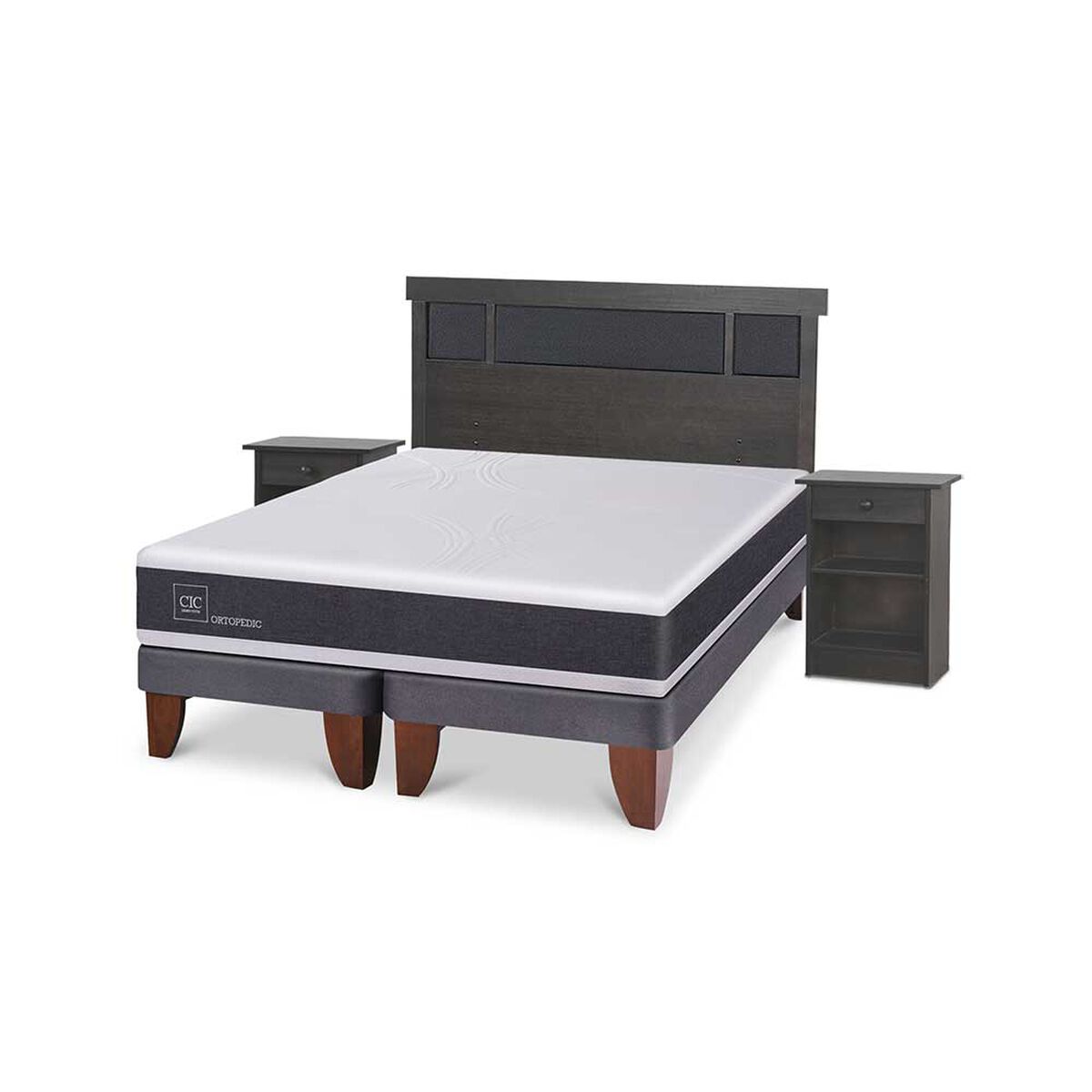 Cama Europea CIC Base Dividida King Ortopedic + Respaldo + 2 Veladores Dublin