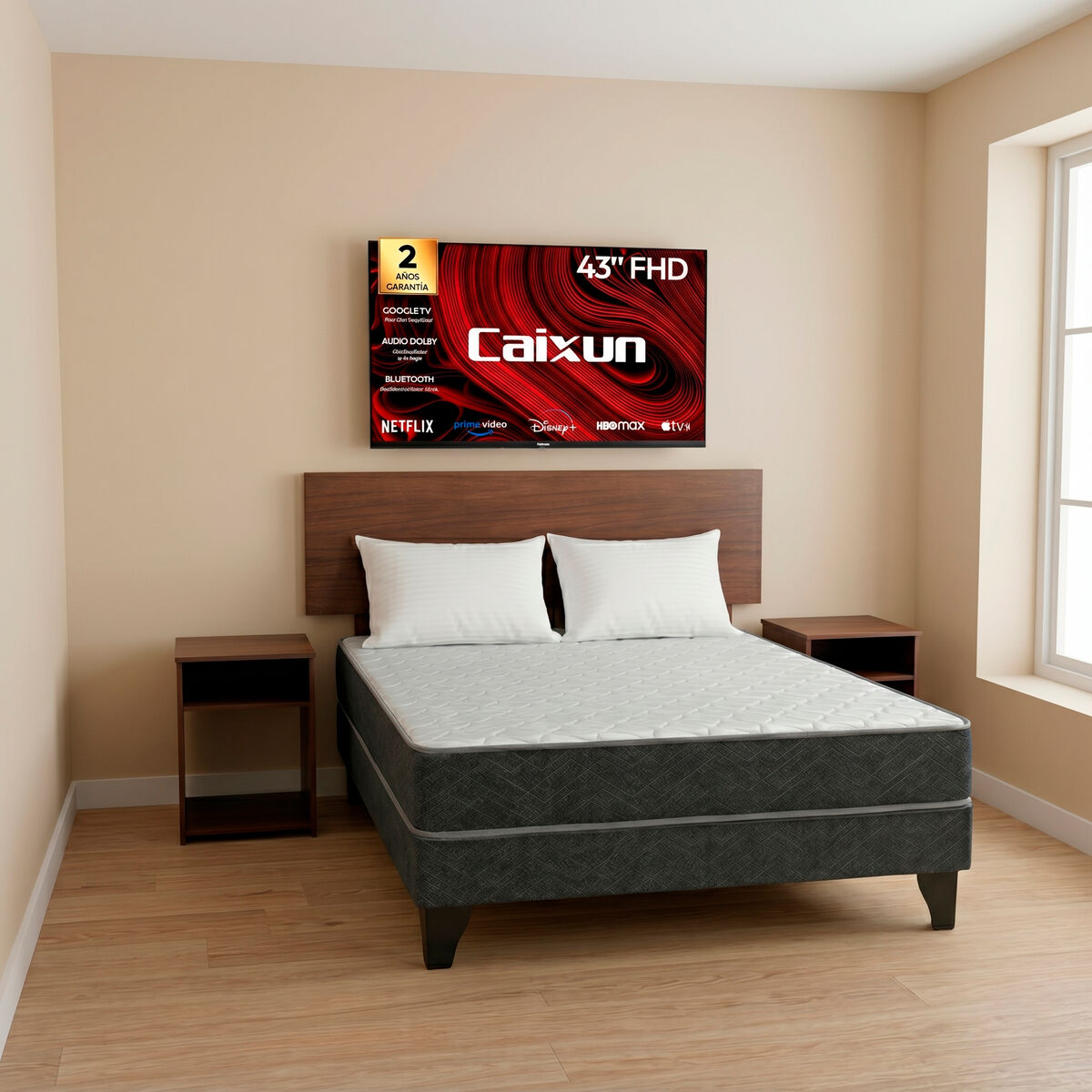 Combo Celta Cama Europea 2 Plazas C&aacute;diz 190 x 150 cm + Smart TV LED 43" Caixun FHD Google TV C43V1FG + Respaldo + 2 Veladores Casanova 2 Plazas Nogal + Pack Almohadas Casa Linda Almohadas Blanco 65 x 45 cm