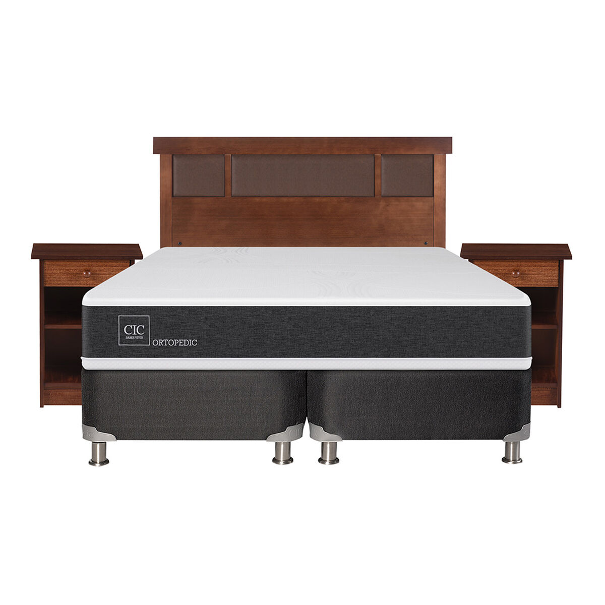 Box Spring CIC Base Dividida 2 Plazas New Ortopedic + Respaldo + 2 Veladores New Dublin