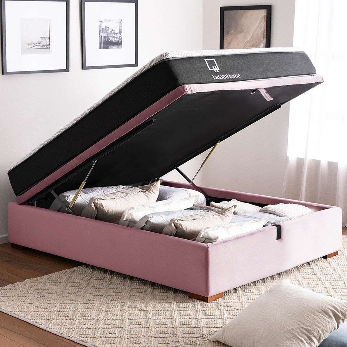 Cama Ba&uacute;l Latam Home Full Colch&oacute;n New Top Rosa + 2 Almohadas