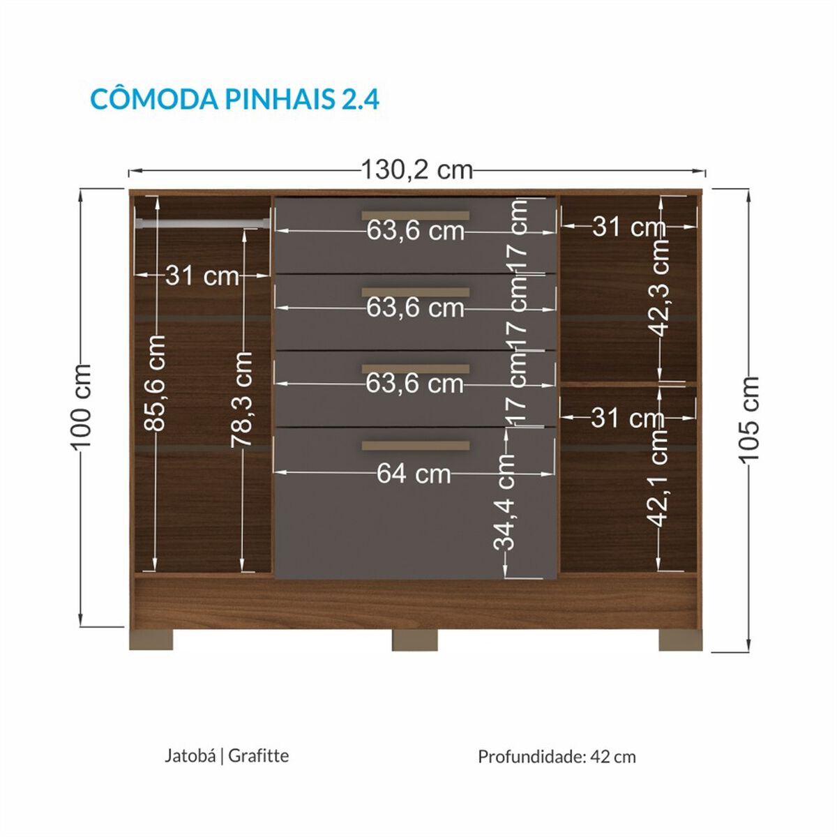 C&oacute;moda Altavision Pinhais 4 Cajones 2 Puertas Caf&eacute; Grafito