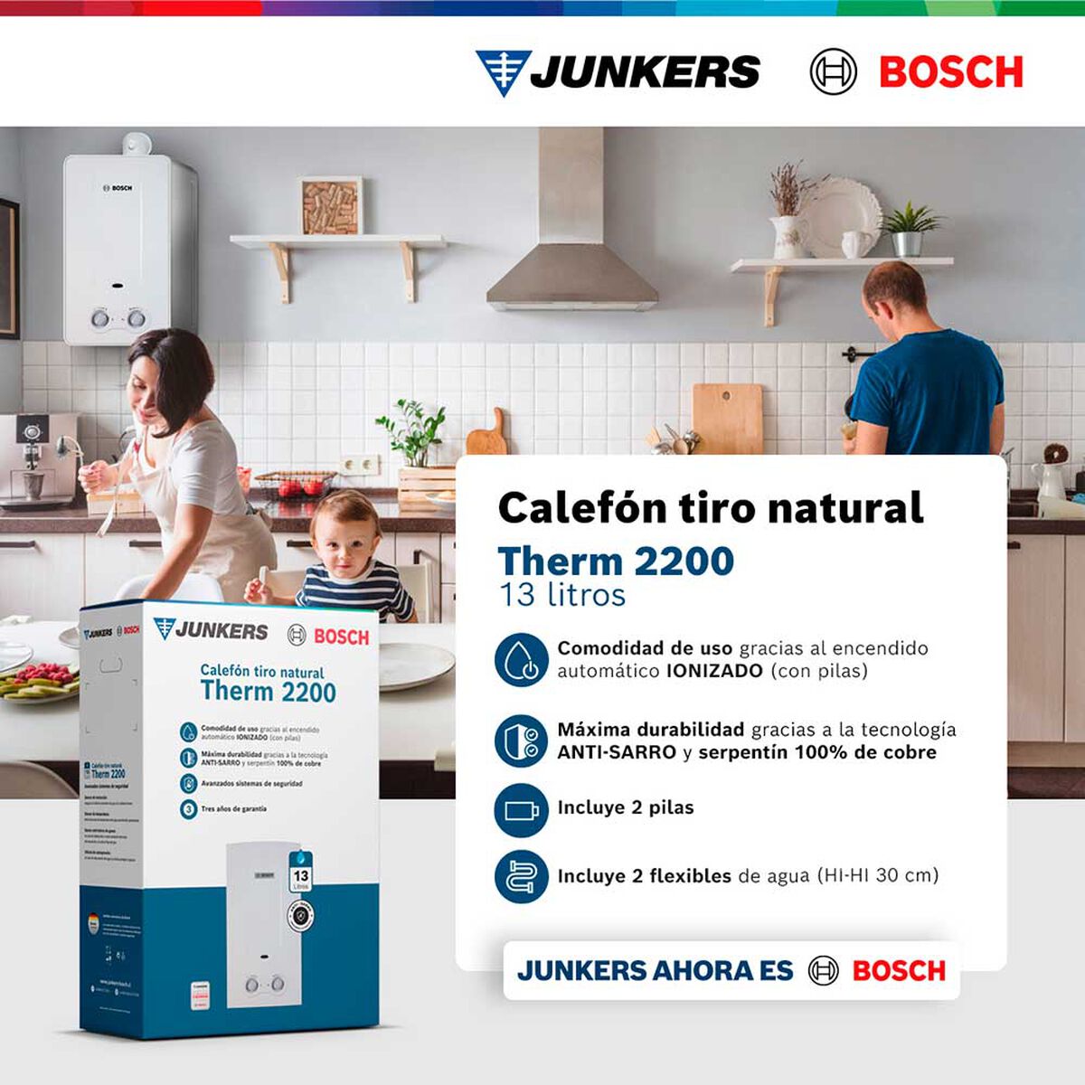 Calef&oacute;n 13 litros gas licuado tiro natural Junkers Bosch Therm 2200
