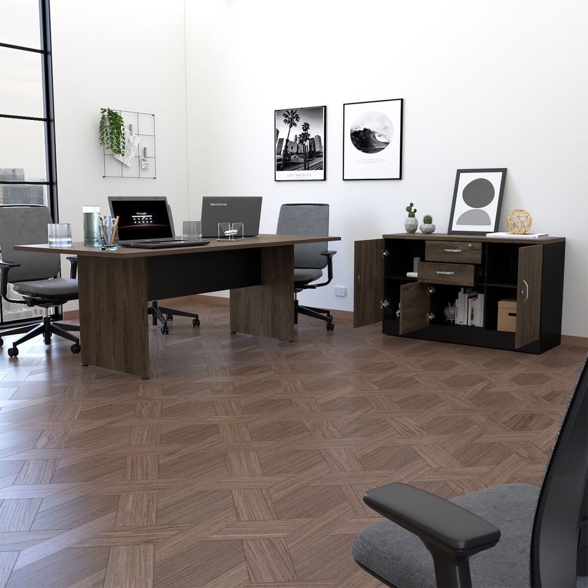 Combo Oficina Mesa Reuni&oacute;n + Gabinete 2 Puertas Negro TuHome Home Office