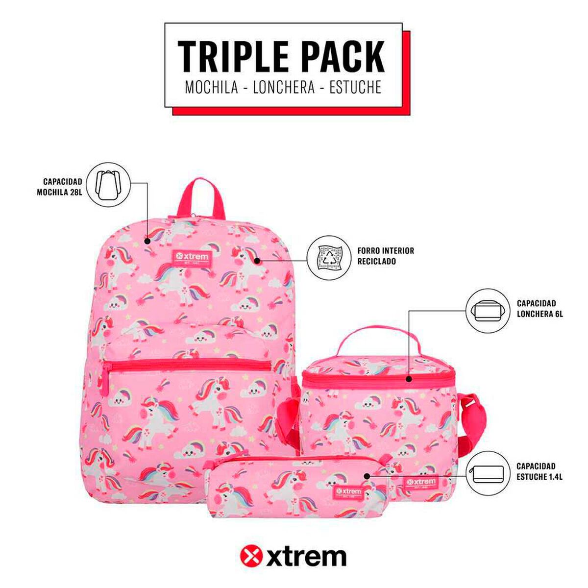 Triple Pack 5XT Mochila Ni&ntilde;a Xtrem Unicornio P&uacute;rpura