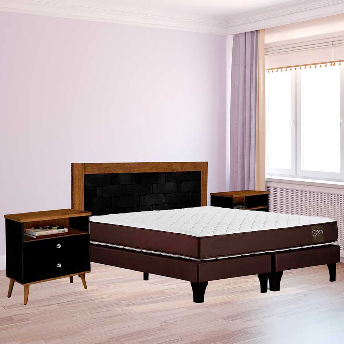 Combo Cama Europea Rosen Base Dividida 2 Plazas Ergo T + Respaldo + 2 Veladores Dreams 2 Plazas Treliza Negro