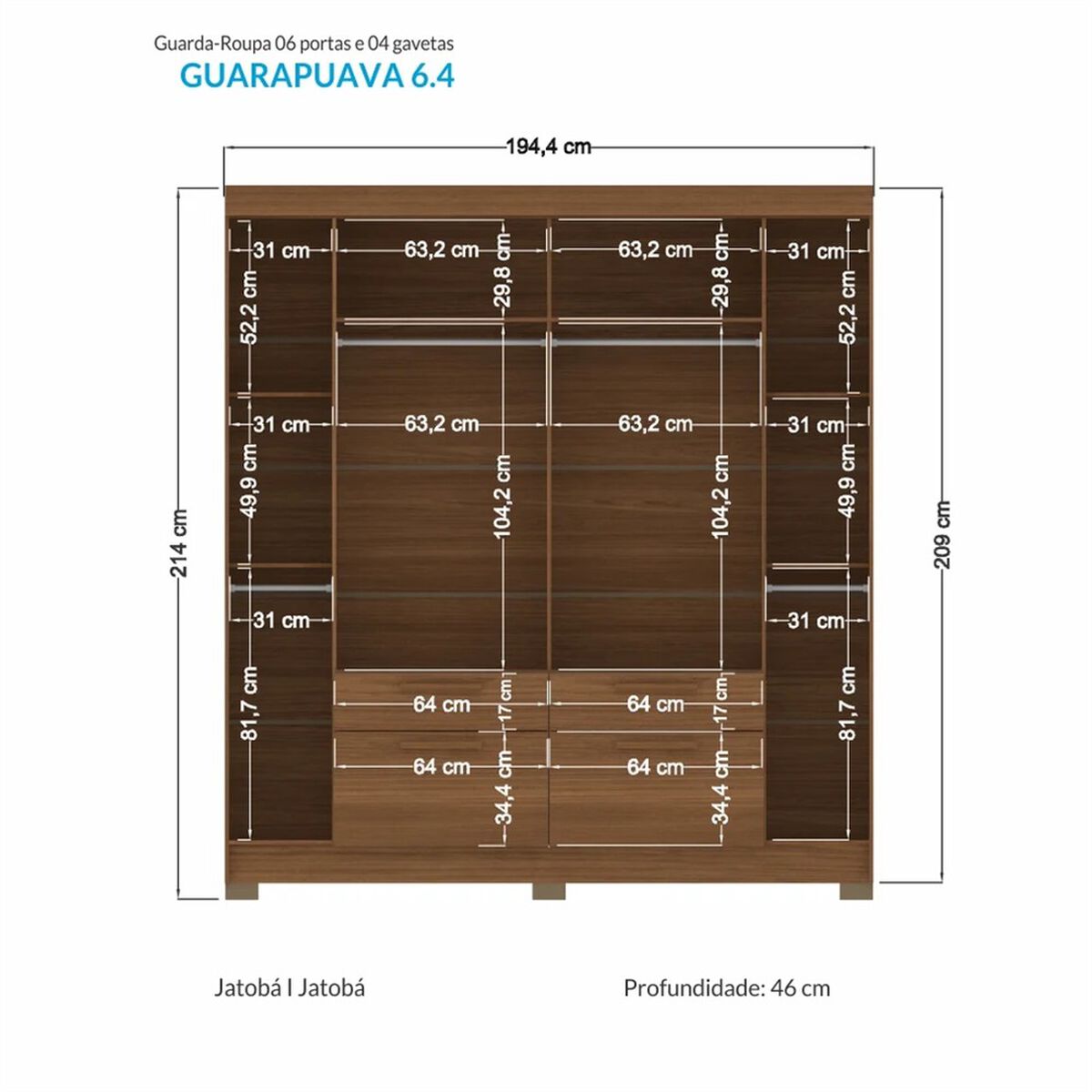 Closet Altavision Guarapuava 6 Puertas 4 Cajones Caf&eacute; Grafito