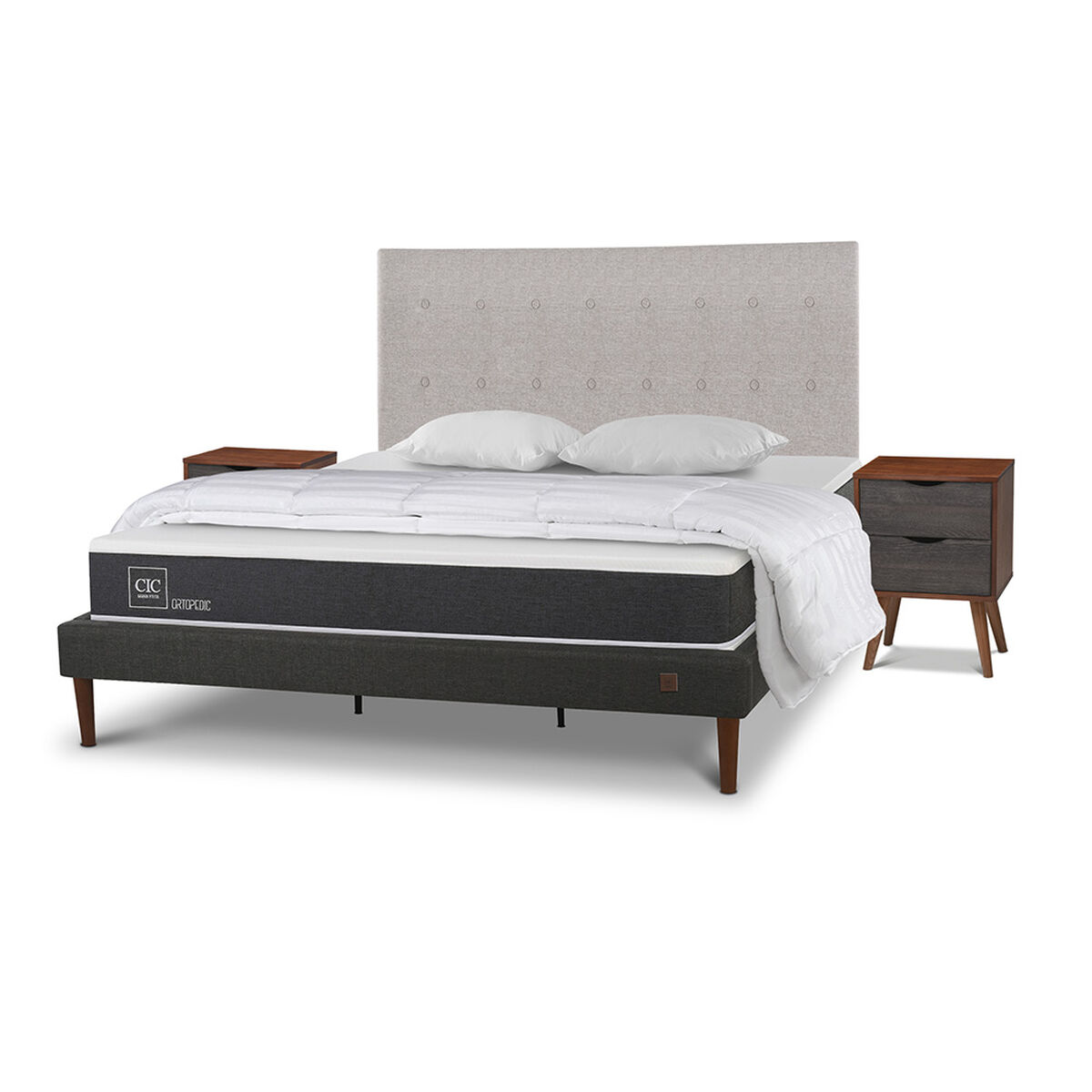Cama Europea CIC King New Ortopedic + Respaldo Tigris + 2 Veladores + Almohadas + Plum&oacute;n