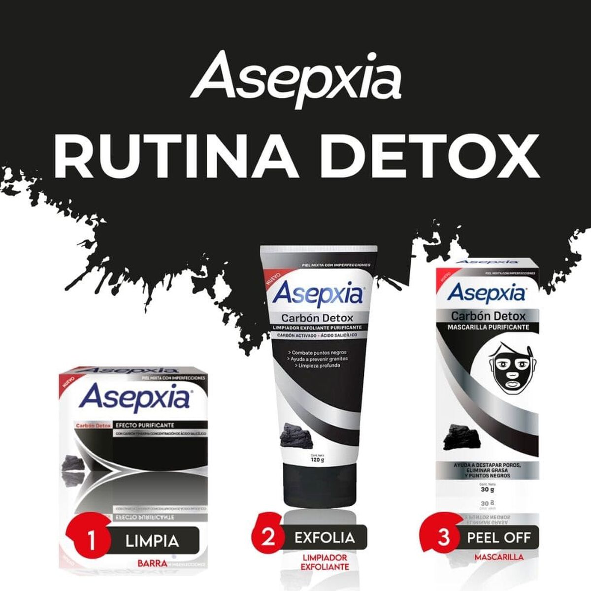Pack 1 Limpiador Exfoliante + 1 Jabón Carbón + 1 Mascarilla Asepxia
