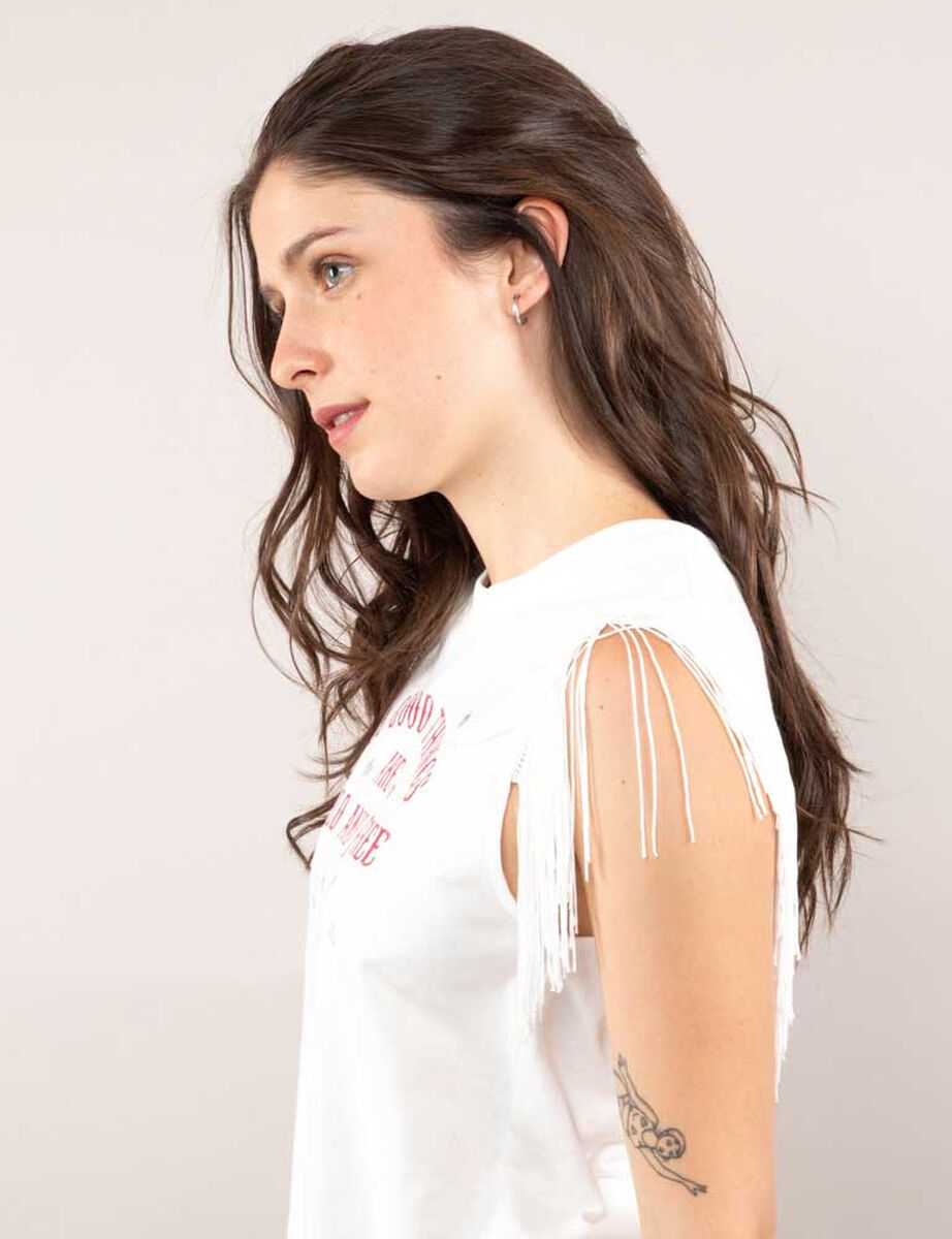 Polera Con Estampado Sin Mangas Flecos Mujer Icono